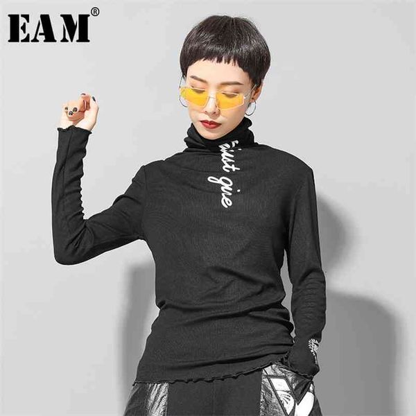 

[eam] women letter printed brief temperament t-shirt new high collar long sleeve fashion tide spring autumn 1h109 210406, White