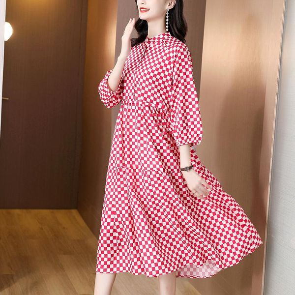 

casual dresses fashion chic loose woman dress summer plaid bandage bow plus size oversize basic red midi women vestidos, Black;gray