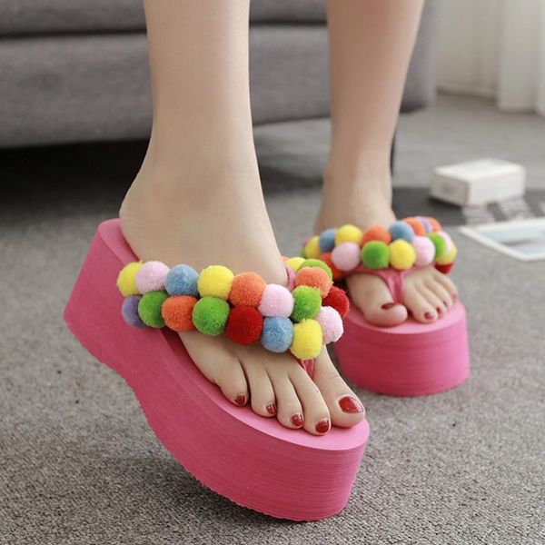

cm thick bottom beach woman sandals colorful pompom platform flipflops mujer plush ball decorate slides ladies sandalias dress shoes, Black