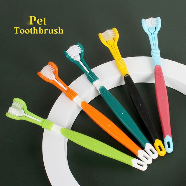 

five colors dog grooming three-sided pet toothbrush tool to remove bad breath tartar dental care dogs cats clean mouth brush xg0056