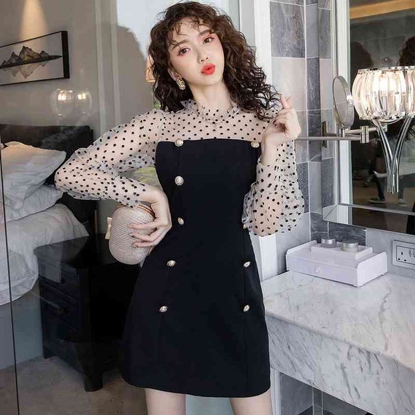 

casual dresses women's spring autumn plus size wave dot mesh patchwork fake two ruffles stand lantern sleeve a-line mini dress ml625, Black;gray