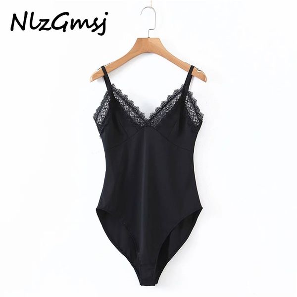 

bodysuit women fashion black lace splicing v neck playsuit sleeveless backless sling female tight jumpsuit 210628, Black;white