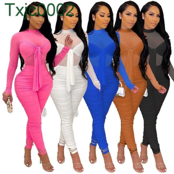 Mulheres Jumpsuits Designer Slim Sexy 2022 Primavera Sexy Mesh Splicing Manga Longa Uma Peça Jumpsuit Zipper Romper 5 Cores