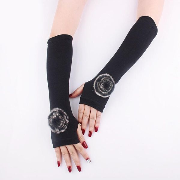 

five fingers gloves female clothing arm covers temperament comfortable fake sleeves for ladies rose decorative fur ball, Blue;gray