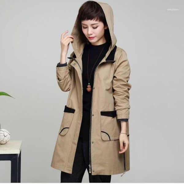 

women's trench coats large size casual loose hooded coat girls long section of the korean version plus fertilizer to increase fat cotto, Tan;black