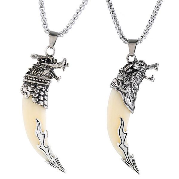 

pendant necklaces punk fashion stainless steel necklace wolf tooth spike dragon charm women amulet alloy long chain brave men jewelry gift, Silver