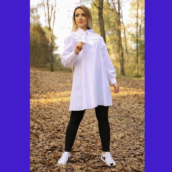 

women's blouses & shirts apsen women lace detail crew neck hijab poplin tunik 4063/90, White