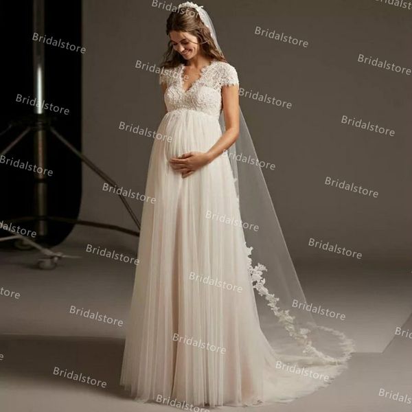 

materity boho beach wedding dress 2021 with lace v neck open back a line tulle country bohemian bridal dresses short sleeves vestido de novi, White