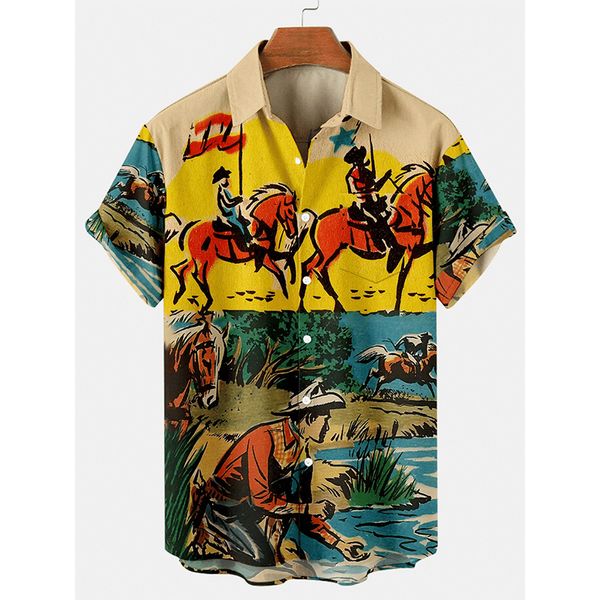 

Landscape print Hawaiian style men's short-sleeved shirt party beach daily casual top, White;black