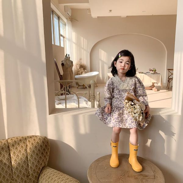 

girl's dresses 2021 springsummer girls slim mid-length lace v-neck floral dress for children printed party princess 1-6y, Red;yellow