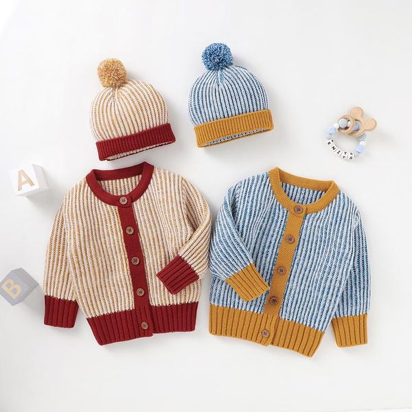 

pullover focusnorm 2pcs lovely baby girls sweater coat+hat 0-18m solid patchwork single breasted knit cardigan outwear, Blue