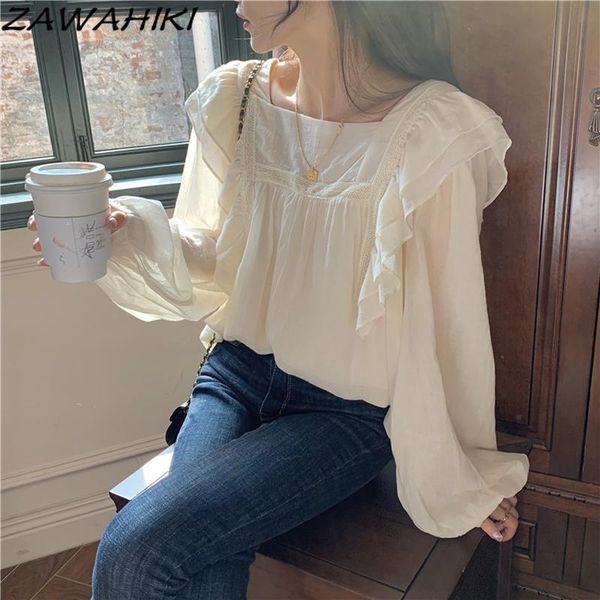

women's blouses & shirts zawahiki ruffles women solid 2021 spring autumn long sleeve blusas mujer pleated loose korean chic retro, White