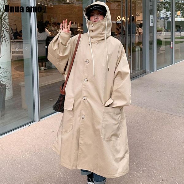 

women's trench coats unua amo casual oversized hooded windbreaker women korean style single breasted loose cargo outwear female long co, Tan;black