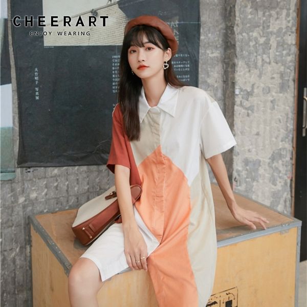 

cheerart summer color block long shirt dress women knee length korean style loose dress casual short sleeve button up dress, Black;gray