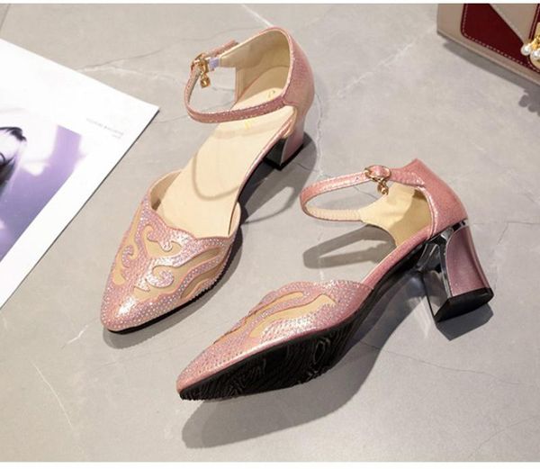 

dress shoes ankle buckle pumps chunky heel ladies pointed toe elegant fashion female stilettos summer women crystal sandals, Black