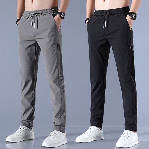

men's pants ice silk trousers solid color mid-waist loose breathable straight-leg casual thin quick-drying sports, Black