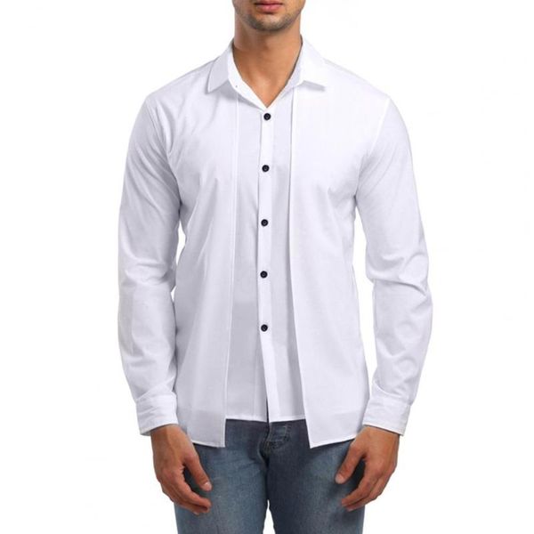 

men's casual shirts men slim shirt lapel single breasted turn-down collar solid color fake two pieces long sleeve male, White;black