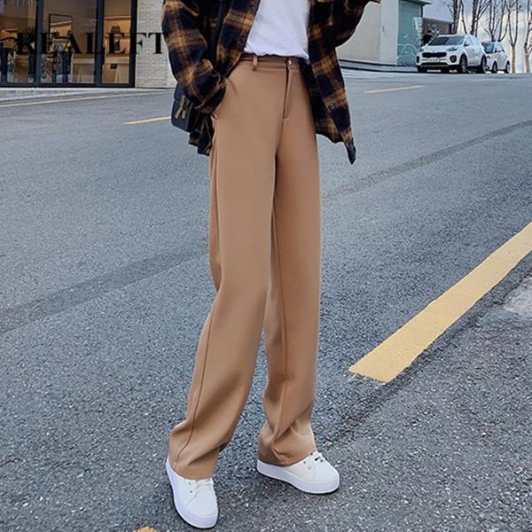 

women's pants & capris realeft spring summer 2021 women formal suit wide leg pockets high waist elegant office lady full length loose, Black;white