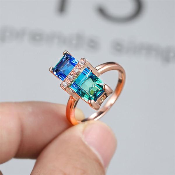 

cluster rings geometric gradient zircon rainbow stone for women vintage fashion rose gold color engagement promise ring wedding jewelry, Golden;silver