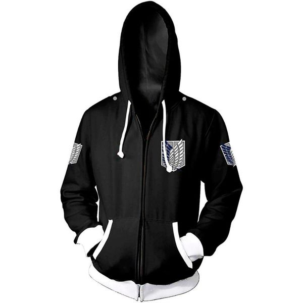 

men's hoodies & sweatshirts attack on titan 3d print anime cosplay hooded sweatshirt men women fashion zipper hoodie harajuku outerwear, Black