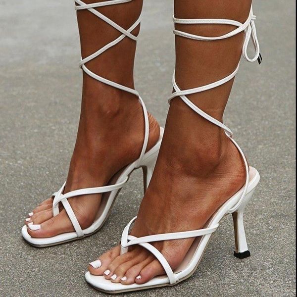 

summer women lace up sandals square toe thin heel cross tied party shoes high 10cm black white large size 42 43 dress
