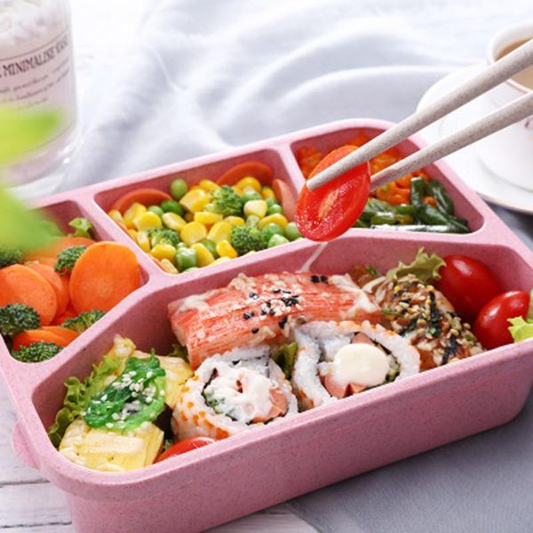 

healthy material square grid lunch box wheat straw bento boxes microwave dinnerware storage container 4 lunchbox sets