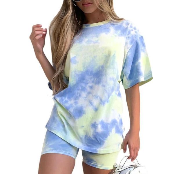 

women's tracksuits women set crew neck short sleeeve loose elastic waist skinny casual 2022 summer tie dye fashion female streetwear, Gray