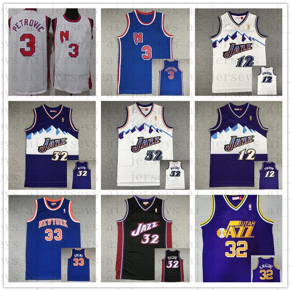 Mens Basketbol Mitchell ve Ness Ewing 33 Petrovic 3 Malone 32 Stockton 12 Nakış Logosu Dikişli Retro Gerileme 1992 1993 Formaları