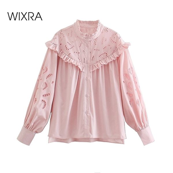 

wixra womens blouses hollow out single breasted pink ruffles shirts for female high street summer spring 210419, Black;brown
