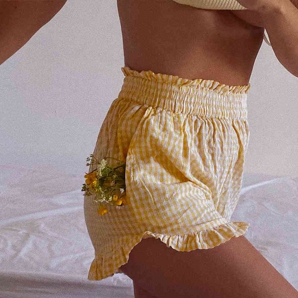 

women's tanks & camis mosimolly gingham plaid cotton shorts women boho beach streetwear summer ruffle bottom female homewear loung, White