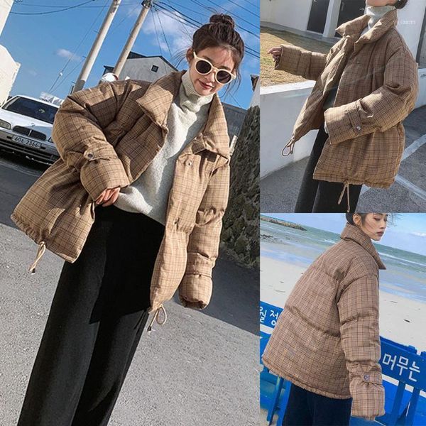 

women's down & parkas autumn and winter korean version of the stand-up collar check waist loose cotton jacket women fashion stand1, Black