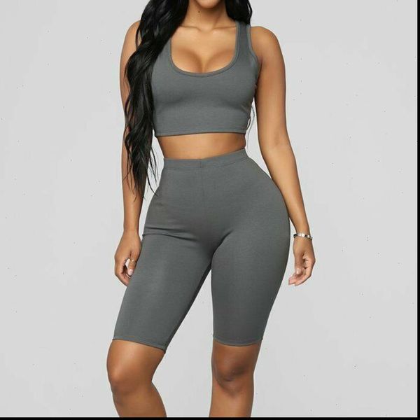 

two women tracksuits piece set summer casual sports gym running skinny clothing solid workout sleeveless crop and pants, Gray