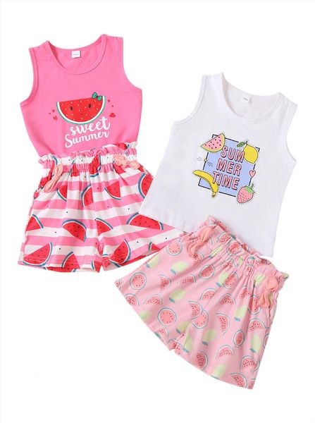 

summer kids baby girl sleeveless shorts watermelon letter stripes print set clothing, White