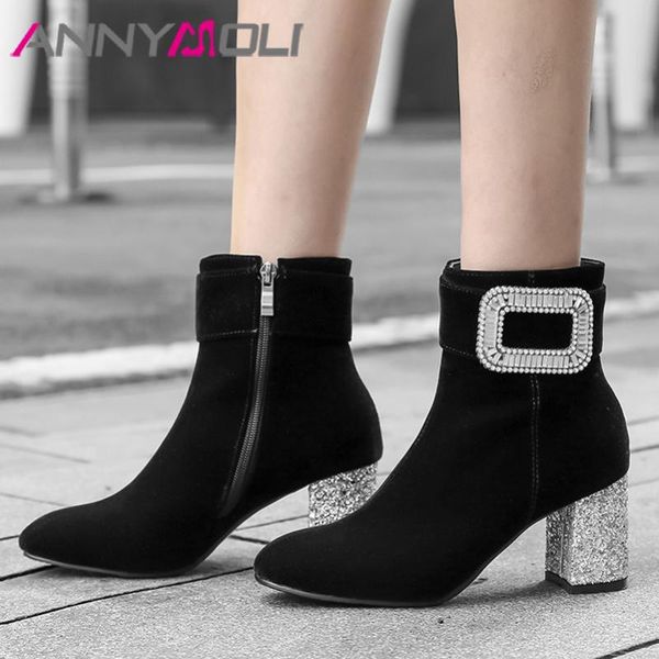 

boots annymoli winter ankle women rhinestone thick high heels short zip square toe shoes lady autumn plus size 33-43, Black