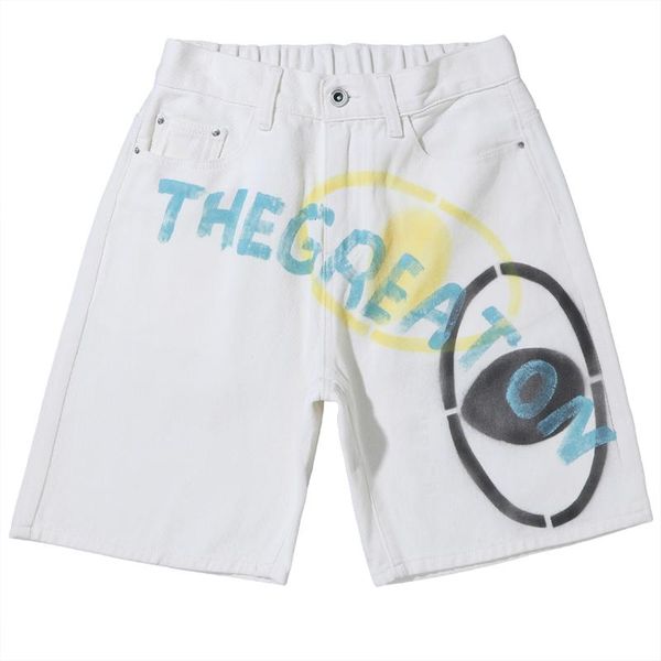 

men's jeans 2021 summer loose casual denim shorts trendy fashion brand hand-painted printing english elements straight thin, Blue