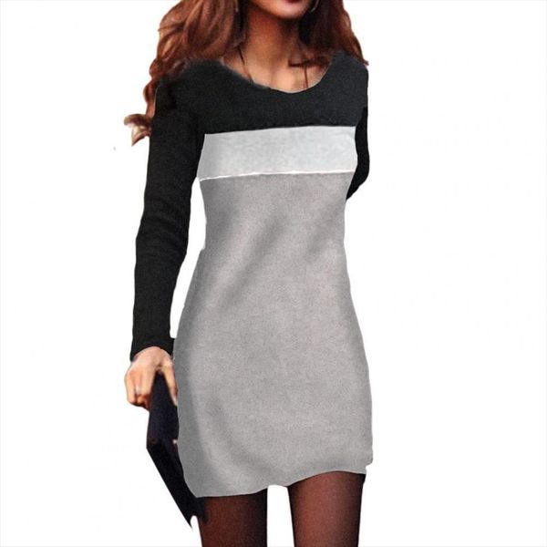 

80% saleswomen o neck womens dresses long sleeve basic blouse tunic color block waist tight mini dress, Black;gray
