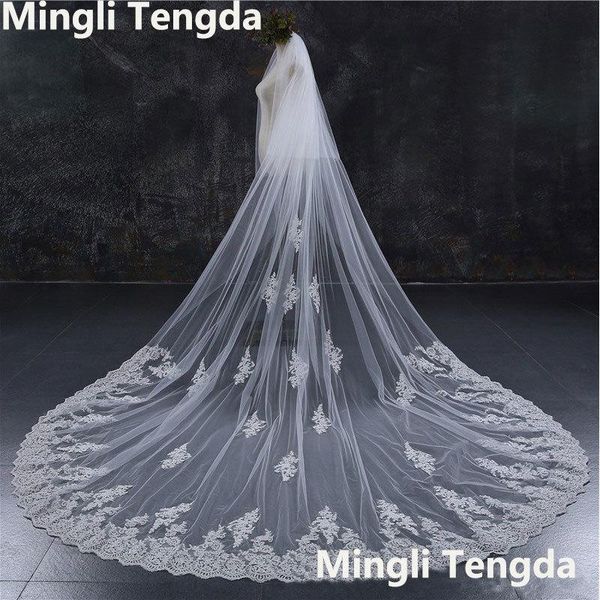 

bridal veils sequins lace cathedral veil 3 m long wedding with metal comb mingli tengda two-layer widen luxury ivory blusher, Black
