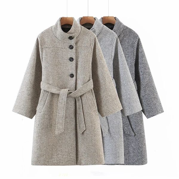 

autumn and winter temperament stand-up collar design side button lace check woolen mid-length coat jacket 210521, Black