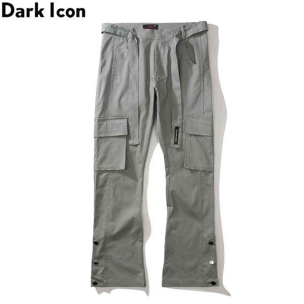 

side pockets waist band pants men ankle buttons flare pants street fashion men's trousers black grey 210603