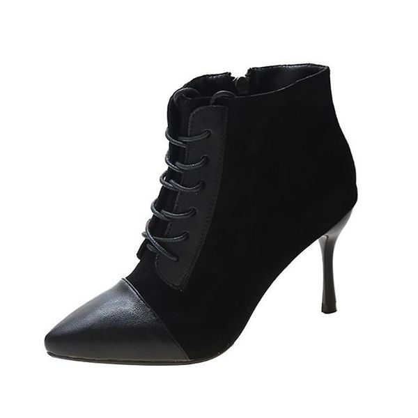 

boots winter for woman fashion pointed toe consice shoes cross tied zipper clear heels stilettos ankle, Black