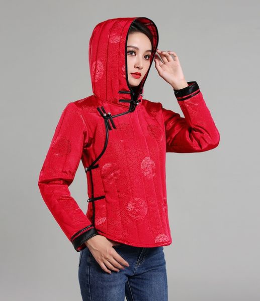 

women ethnic clothing tang suit winter cheongsam mongolia style gown cotton padded apparel hooded outwear elegant asian costume, Red