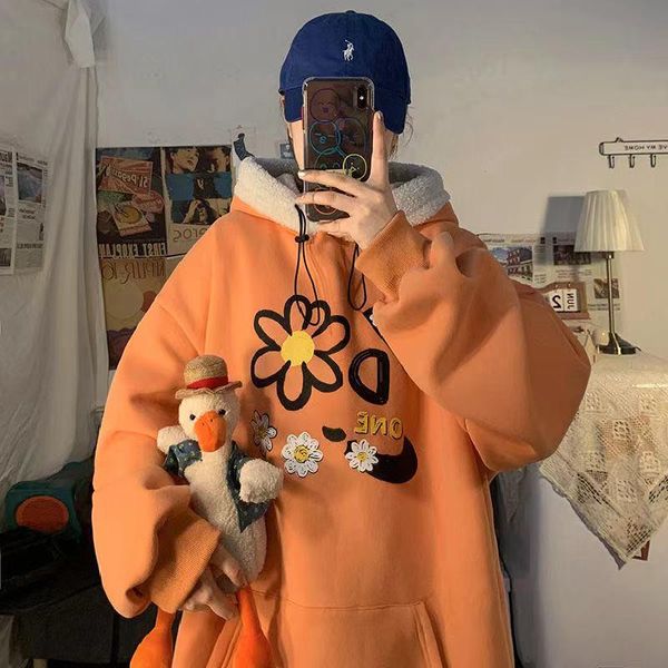 

men's hoodies & sweatshirts trend lamb wool hooded plush thickened student coats loose couple clothes pullover 4 color fashion, Black