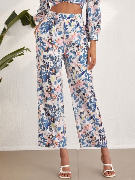 

allover print high waist wide leg pants l4b6#, Black;white