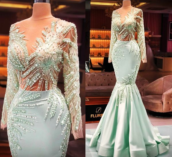 

2021 plus size arabic aso ebi luxurious beaded crystals prom dresses sheer neck mermaid lace evening formal party second reception gowns dre, Black