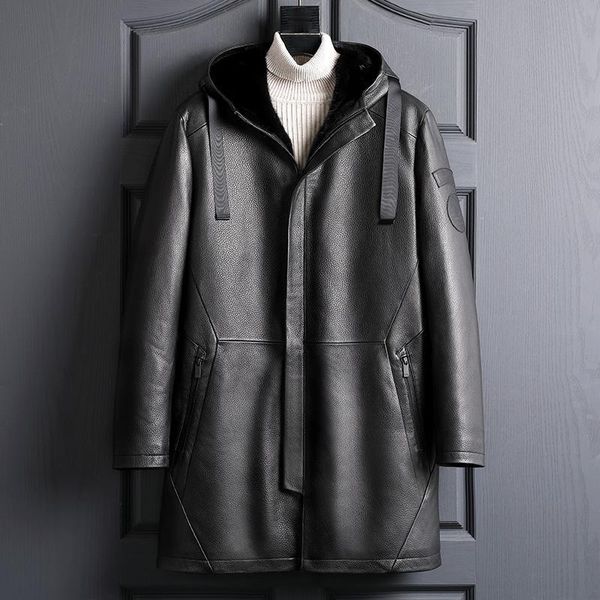 

winter fashion men coat sheepskin mink liner genuine leather clothes male long type hooded jacket men's & faux, Black