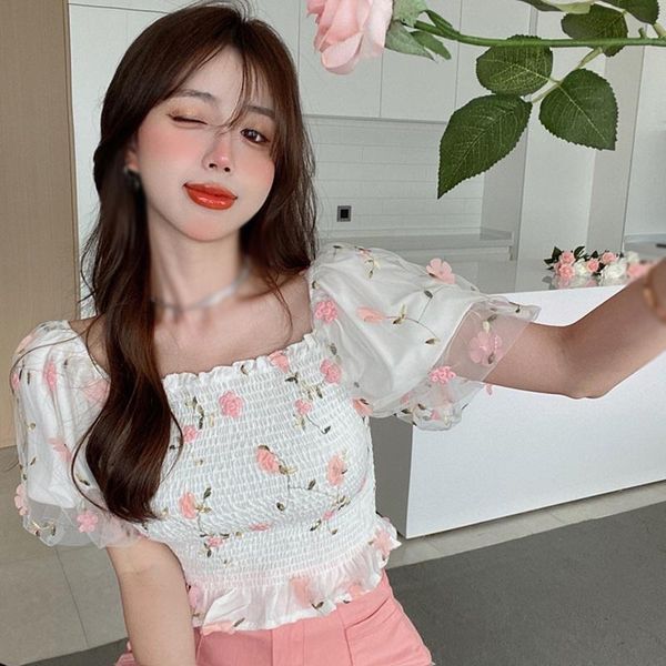 

women's blouses & shirts sweet blosue women square collar floral embroidery blouse summer puff short sleeve female shirt, White