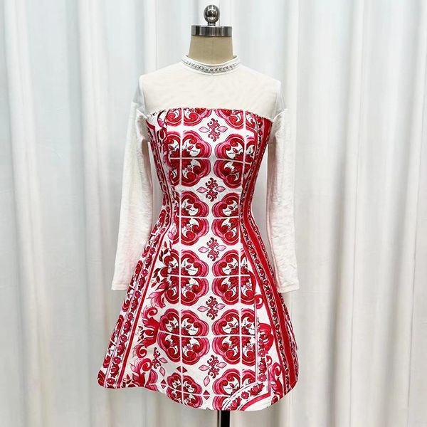 

women's runway dresses o neck long sleeves patchwork beaded a line dobby printed dress vestidos, Black