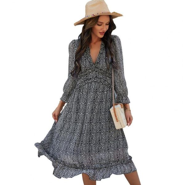 

casual dresses fashion women floral print dress deep v neck spring long sleeve large ruffle hem midi streetwear for party, Black;gray