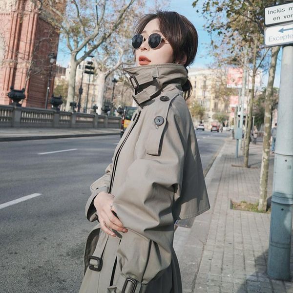 

women's trench coats windbreaker middle and long 2021 spring autumn loose temperament coat leisure thin, Tan;black