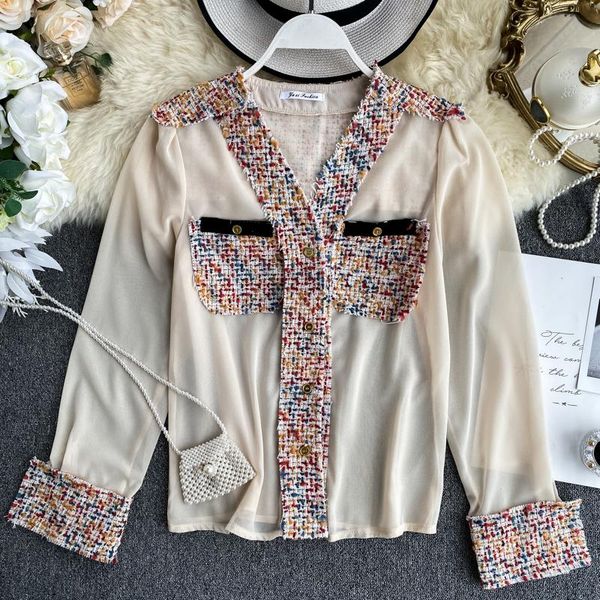 

women's blouses & shirts women fashion chiffon v-neck full sleeves coarse knitting colors woollen ornament blouse shirt ladies casual s, White
